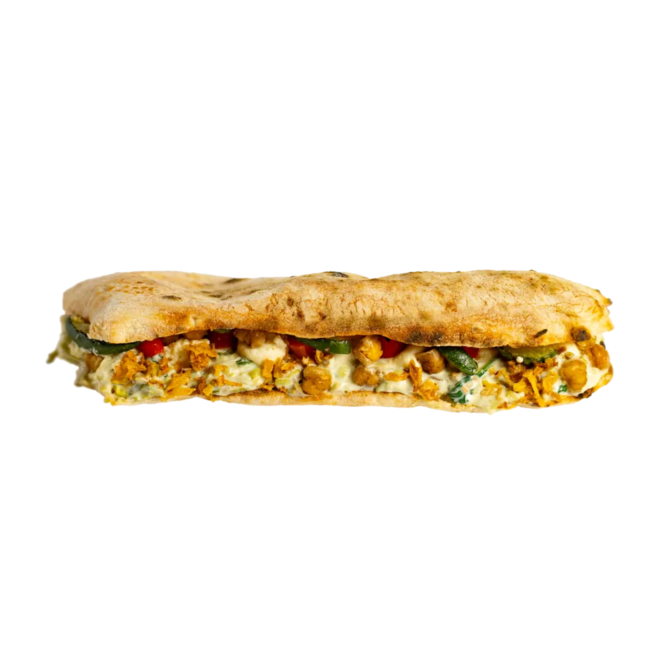 Panini Louie Vegan — vegan baby spinach and leek cream, vegan potato cream, zucchini, roasted chickpeas, roasted bell pepper, crispy onions