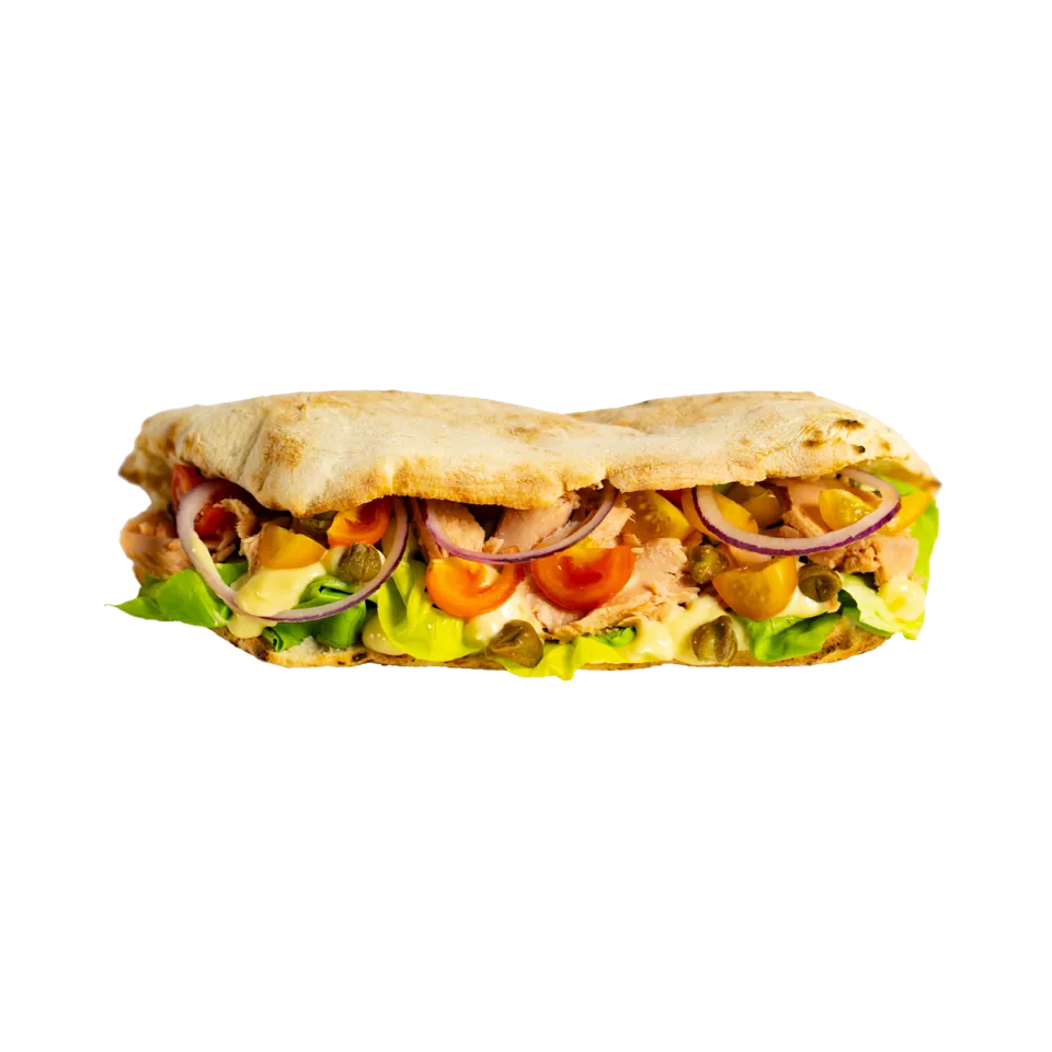 Panini Toto — ton în ulei de măsline, maioneză, salată iceberg, roșii cherry, ceapă, capere