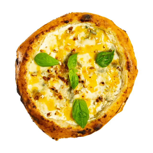 Pizza Albicocca e Gorgonzola — sos de ricotta și lapte, fior di latte, parmezan, gorgonzola, busuioc, reducție de caise, migdale