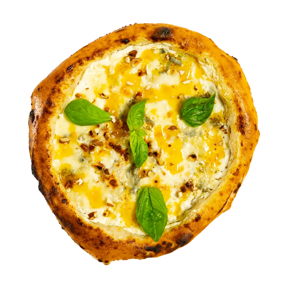 Pizza Albicocca e Gorgonzola — sos de ricotta și lapte, fior di latte, parmezan, gorgonzola, busuioc, reducție de caise, migdale