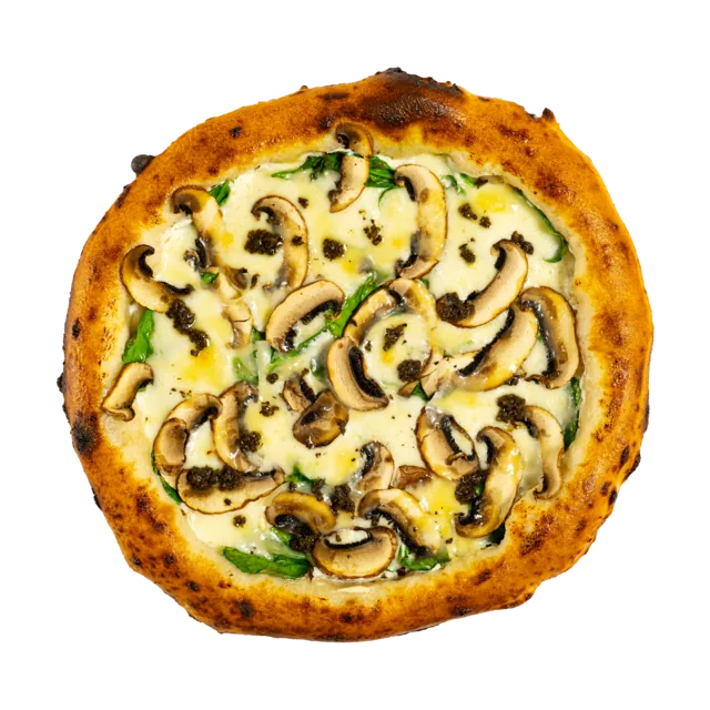 Pizza Funghi e Tartufa — sos de ricotta și lapte, fior di latte, kale, funghi portobello, parmezan, ulei de măsline extravirgin, salsa de trufe