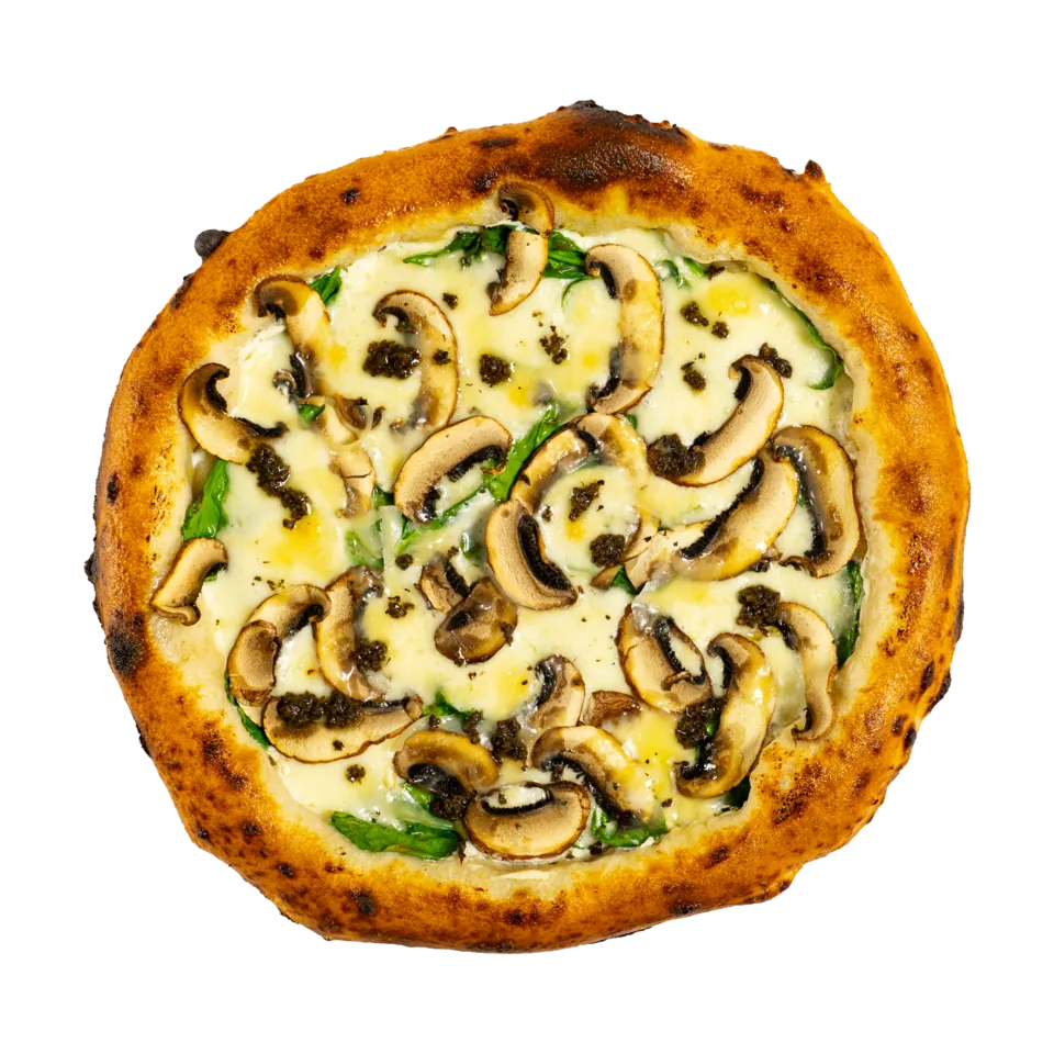 Pizza Funghi e Tartufa — sos de ricotta și lapte, fior di latte, kale, funghi portobello, parmezan, ulei de măsline extravirgin, salsa de trufe
