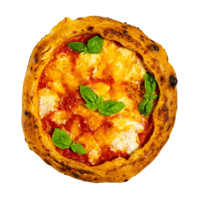 Pizza Margherita — sos de roșii San Marzano, fior di latte, busuioc, ulei de măsline extravirgin