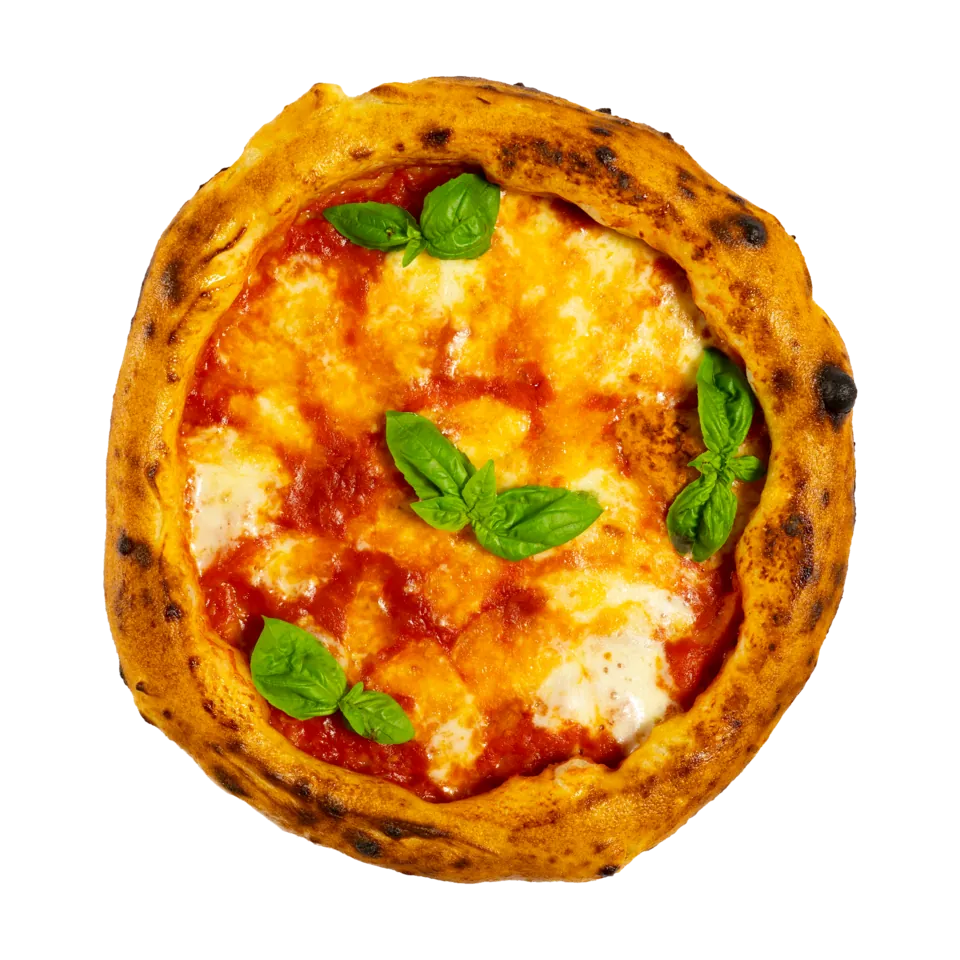 Pizza Margherita — sos de roșii San Marzano, fior di latte, busuioc, ulei de măsline extravirgin