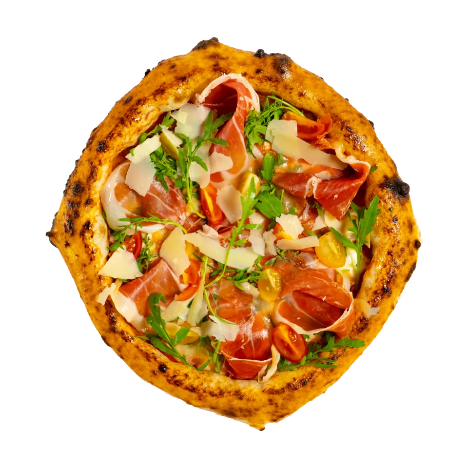Pizza Prosciutto di Parma — sos de roșii San Marzano, fior di latte, prosciutto di Parma, rucola, roșii cherry, ulei de măsline extravirgin, parmezan