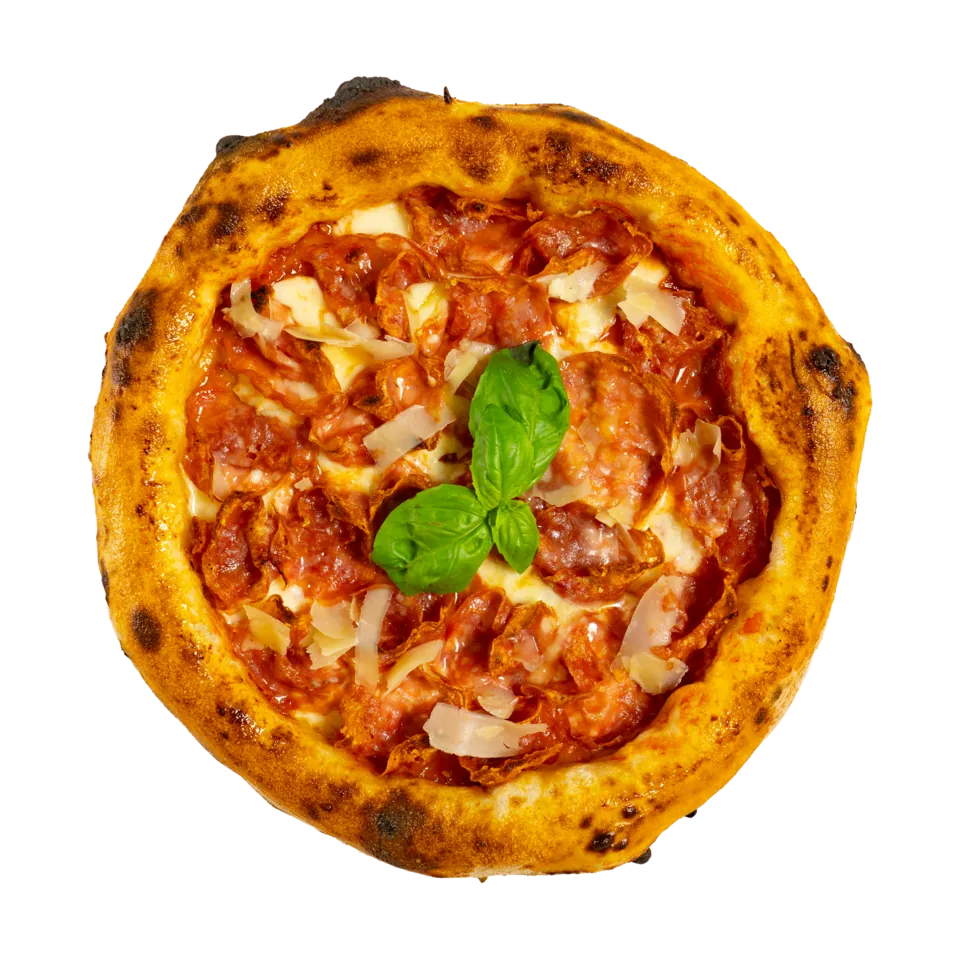 Pizza Salami — salsa di pomodoro San Marzano, fior di latte, salame Napoli, basilico, parmigiano